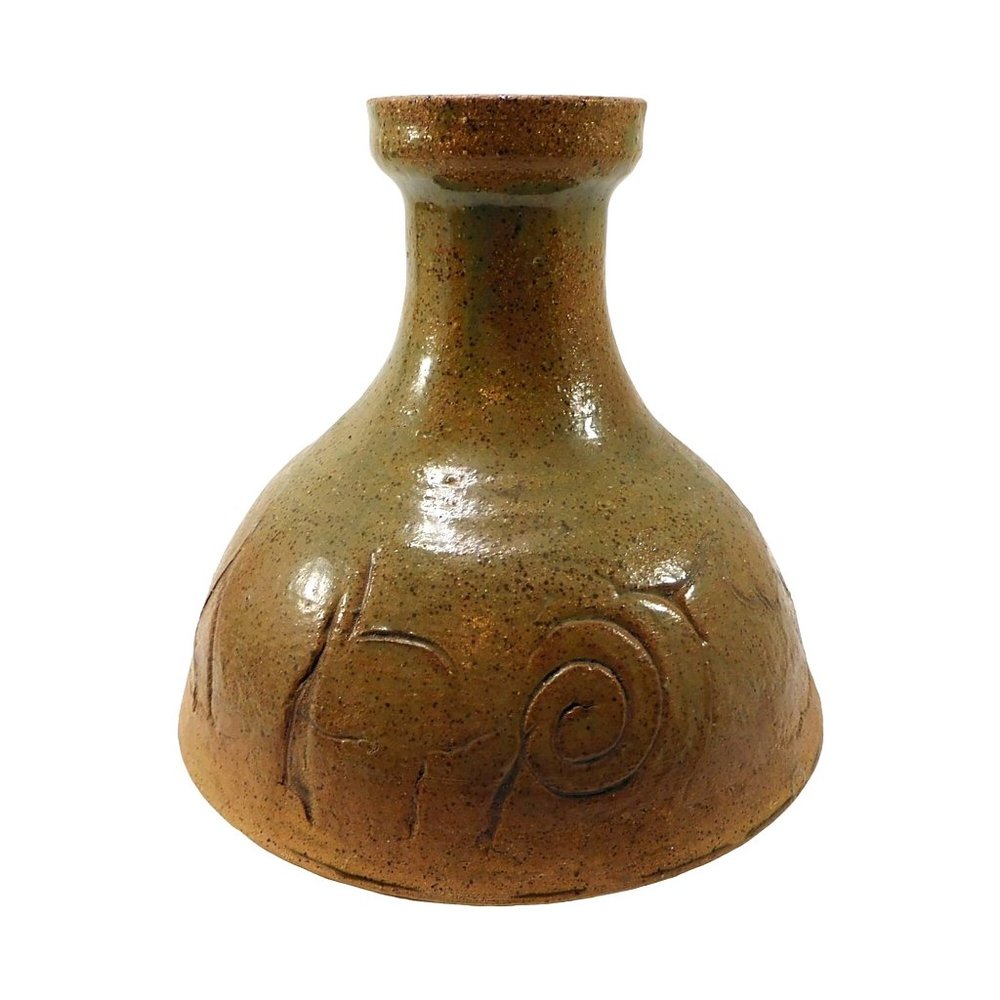 Vintage Studio Art Pottery Vase Carved Glyph Design Signed 6"